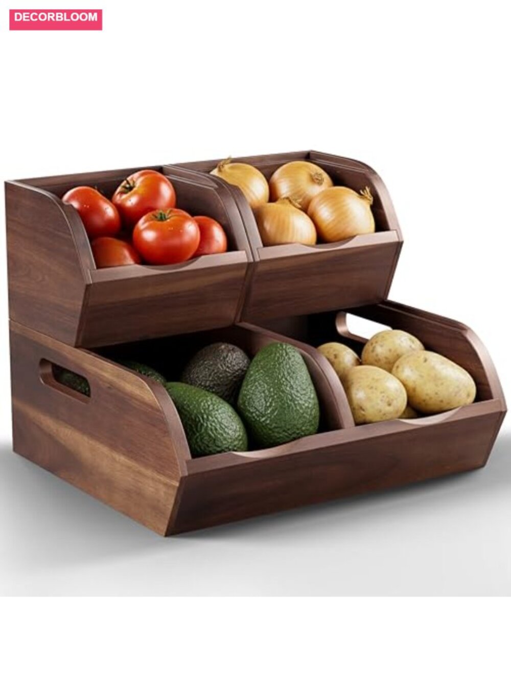 Acacia Wood Pantry Storage Bins - Stackable Open Front Kitchen Baskets